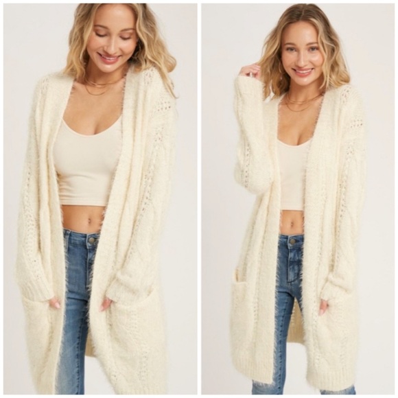 Sweaters - SOLD OUT Cream Fuzzy Soft Cable Cardigan Open Sweater